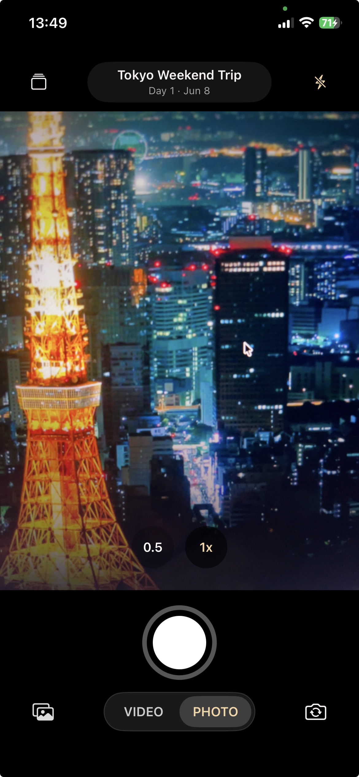 Ryokam travel camera screen for a Tokyo trip with photos organized in one trip gallery